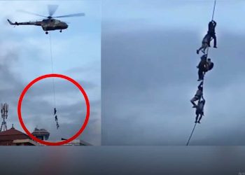 في مقطع فيديو صادم،..هروب وزراء نيباليين وهم يتشبثون بحبال مروحية عسكرية