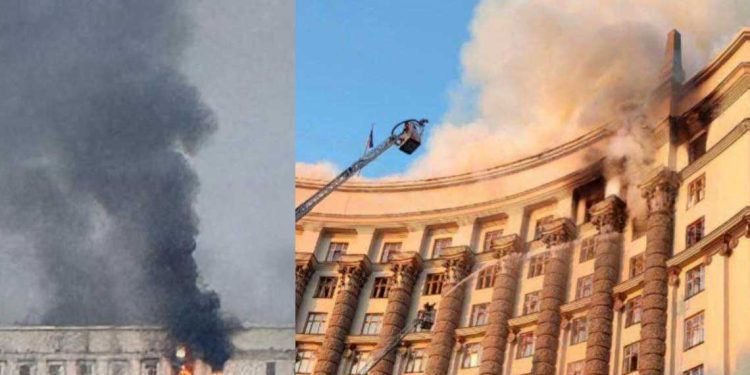 هجوم روسي يشعل مبنى الحكومة في كييف